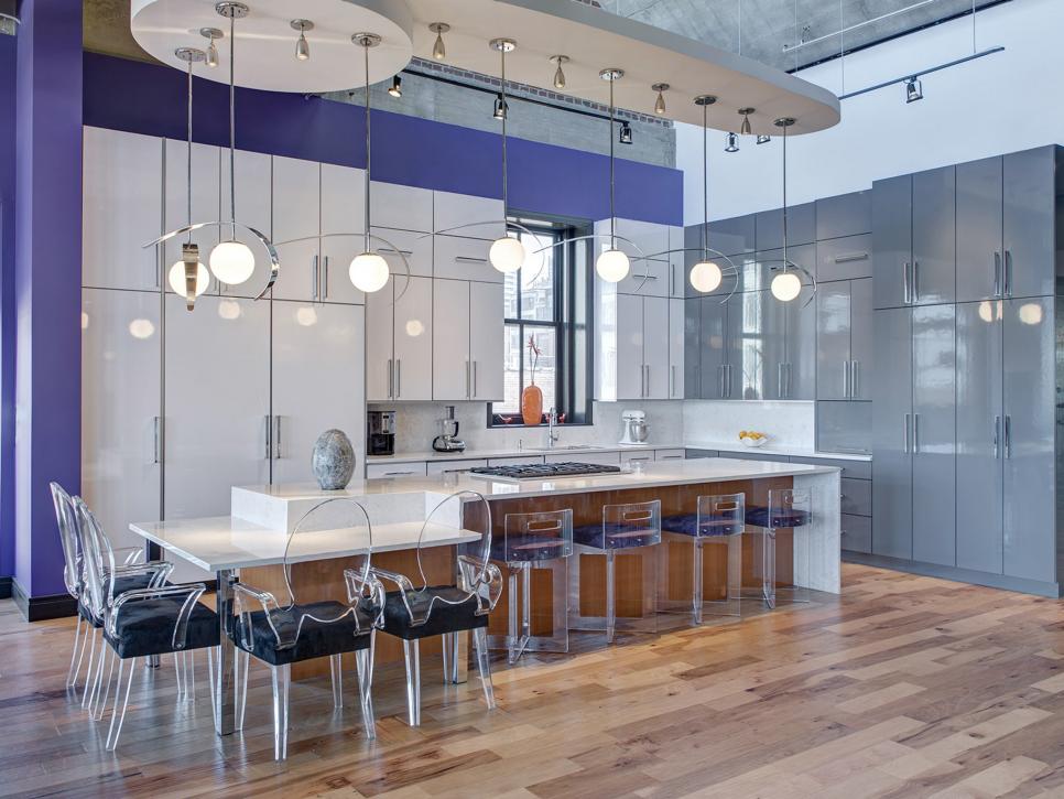 Modern Open Kitchen With Large Island, and Acrylic Chairs & Barstools 