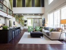 White Contemporary Great Room and Kitchen With Black and Green Accents
