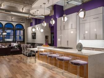 Purple, Contemporary Kitchen With Kitchen Island and Quartz Countertop