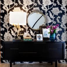 Eclectic Foyer With Graphic Black and White Floral Wallpaper