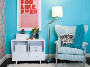 White Modern Side Table and Shag Rug With Bold Col