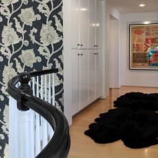White Hallway With Black Faux Fur Rug