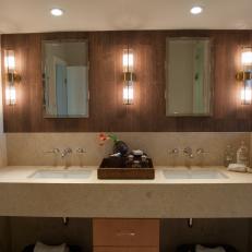 Modern Double Vanity Bathroom With Wood Tile Backsplash