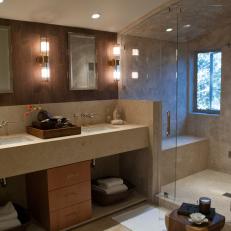 Neutral Bathroom With Double Vanity and Walk-In Shower