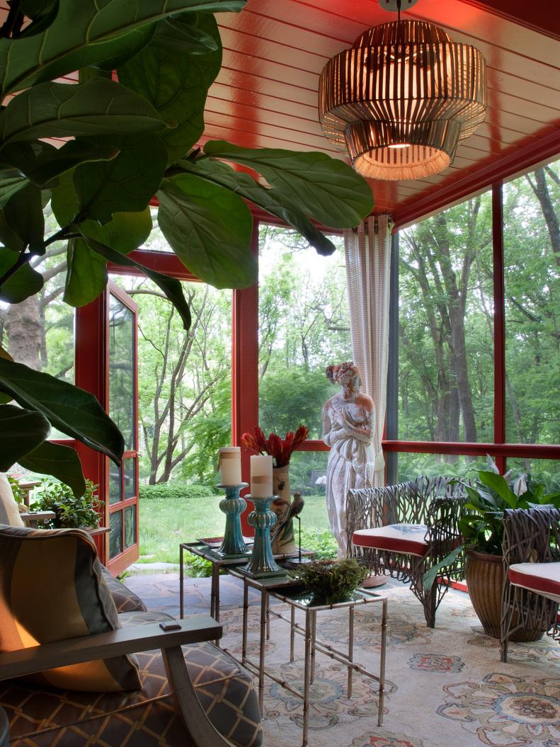 Red Outdoor Space With Antique Sculpture 