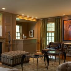 Elegant Living Room with Bar Area in Deep Warm Tones