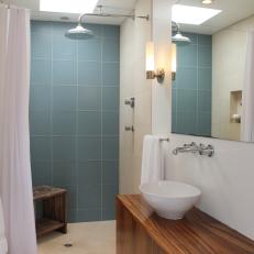 Walk-In, Blue Tiled Shower in Modern Bathroom