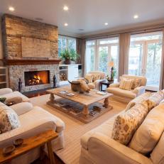 Traditional Living Room With Stone Fireplace 