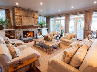 Living Room With Neutral Furniture and Stone Fireplace
