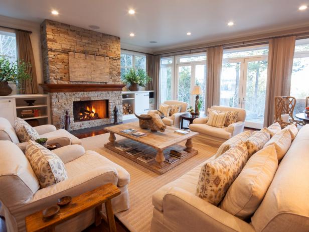 Living Room With Neutral Furniture and Stone Fireplace