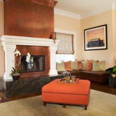 Contemporary Living Room with Copper-Colored Fireplace