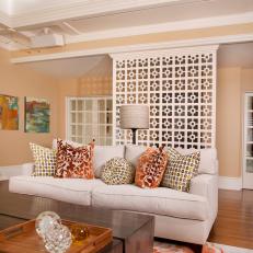 Neutral Transitional Living Room With Custom White Screen