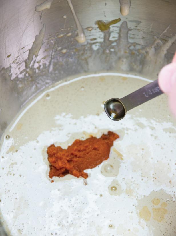 Add the vanilla and pumpkin puree, then mix until fully incorporated.
