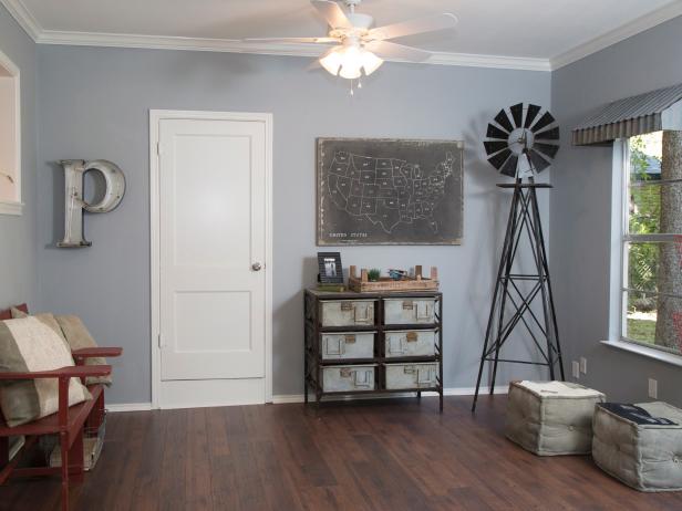 Gray Boy's Playroom With Basket Storage, Windmill and Tin Awnings
