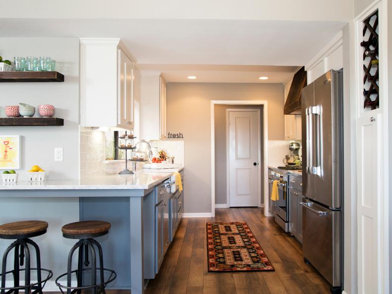 Kitchen With Gray and White Cabinetry, White Counters & Breakfast Bar