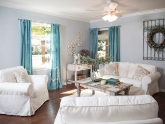 Blue and cream French Country living room with shabby chic accents.