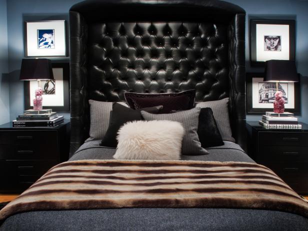 Contemporary Bedroom With Tufted Black Leather Headboard