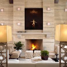 Contemporary Living Room With Travertine Accent Wall