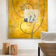Abstract Yellow Art in Contemporary, White Dining Room