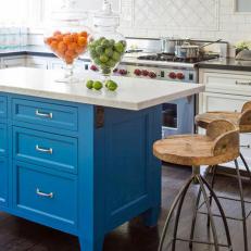 Bright Blue Island in White, Cottage Kitchen 