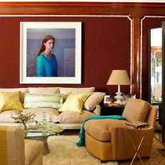 Contemporary Photography Adds Drama to Red Living Room