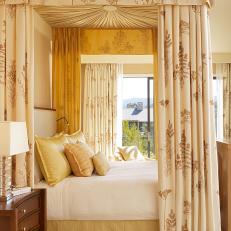 Canopy Bed With Cream & Floral Drapes 