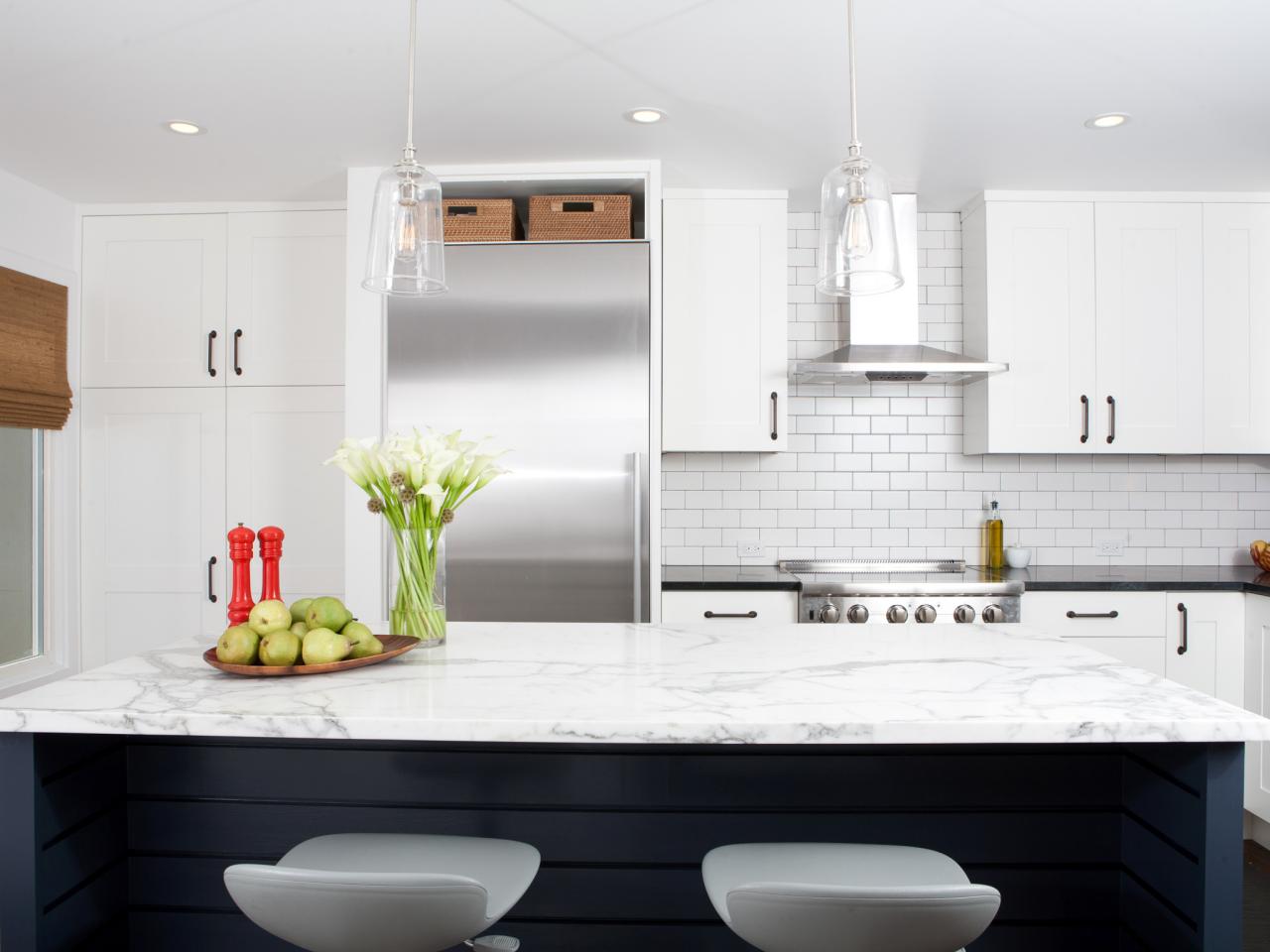 Black Kitchen Island With White Marble Countertop Hgtv