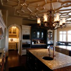 Ample Workspace, Intricate Ceiling in Traditional Kitchen