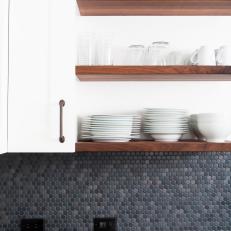 Open Kitchen Shelves & Gray Penny Tile Backsplash