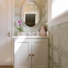 Traditional Bathroom With Sophisticated Patterned Wallpaper