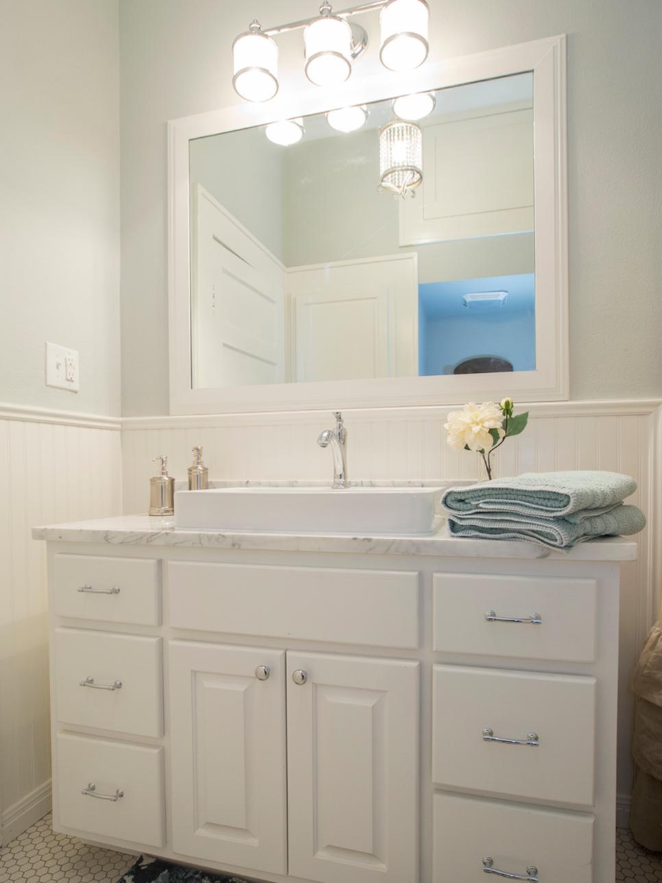 Beadboard Bathroom With White Vanity and Trough Sink | HGTV