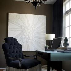 Dark Brown Home Office With Navy Velvet Armchair
