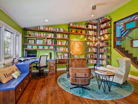 Lime-Green Home Office With Bookcase