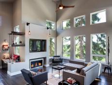 Neutral Living Room With Modern Windows, Modern Gray Sofa