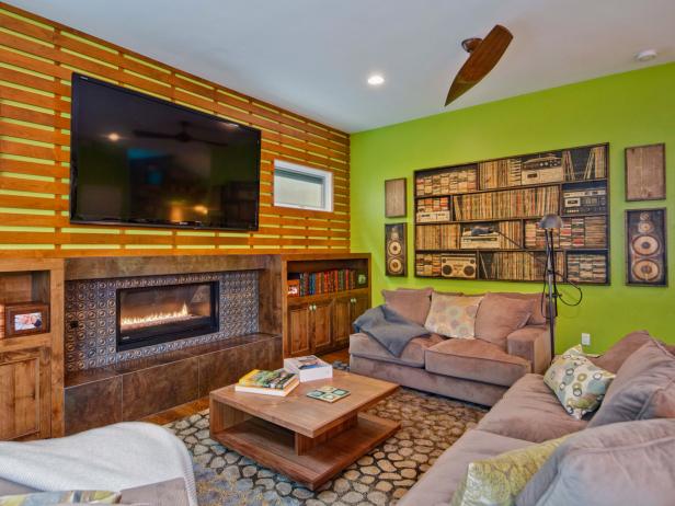 Green Eclectic Living Room With Fireplace