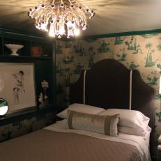 Green Eclectic Bedroom With Brown Upholstered Headboard