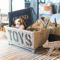 Metal and Canvas Toy Basket in Boy's Cottage Room 
