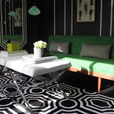 Contemporary Living Room With Green Settee and Patterned Rug