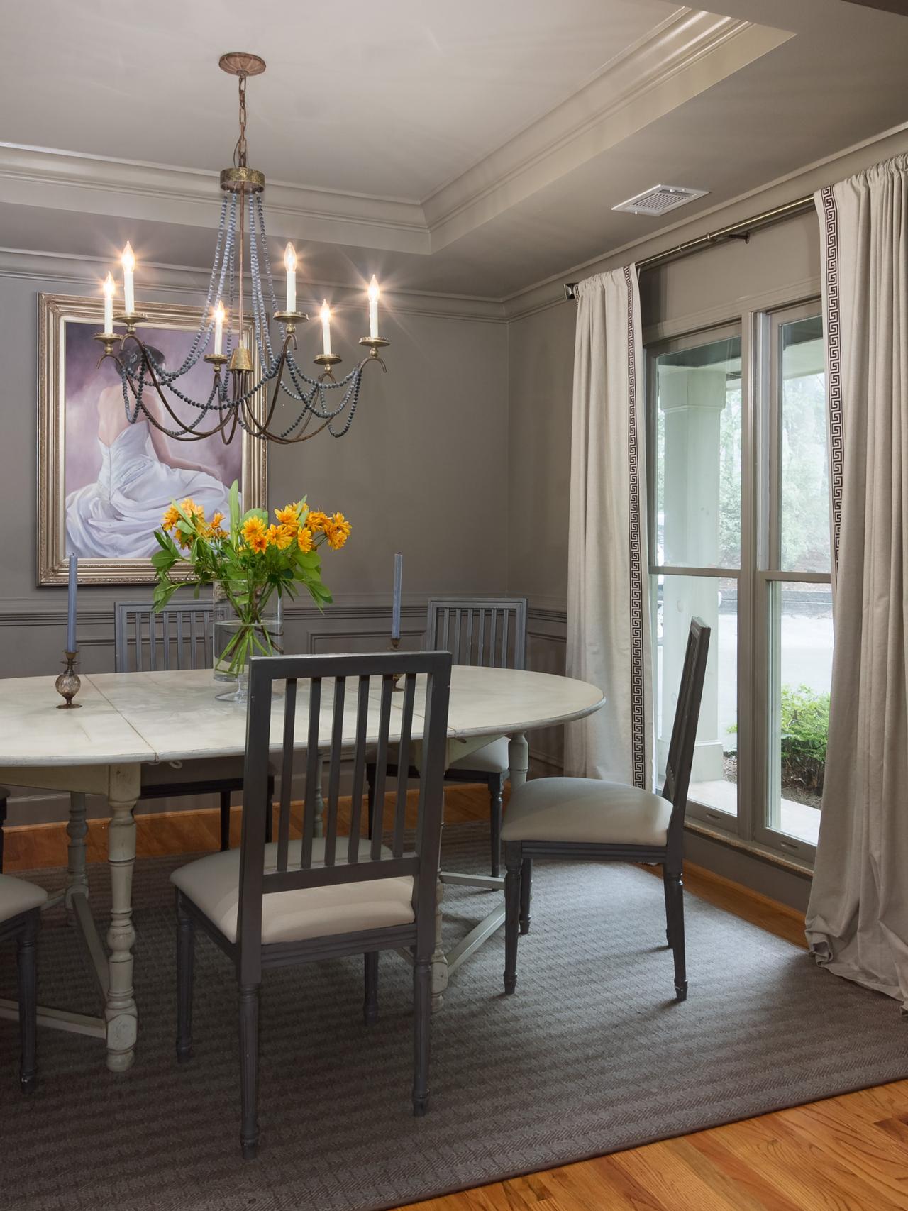 Traditional Gray Dining Room With Antique Chandelier | HGTV
