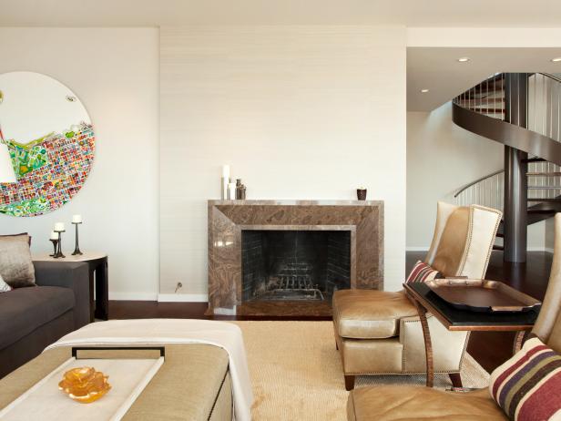 Contemporary, Neutral Living Room With Fireplace and Spiral Staircase