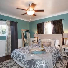 Mixed Patterns & Textiles in Transitional Master Bedroom