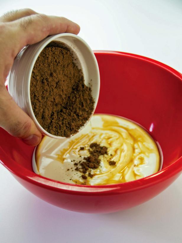 In another medium bowl, add 1 cup sugar, yogurt, cocoa powder and vanilla.