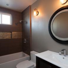 Neutral Contemporary Bathroom With Brown Tile Shower