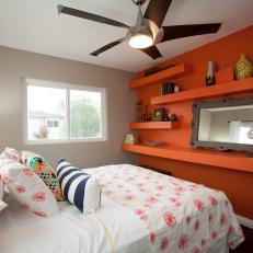 Gray Contemporary Bedroom With Orange Accent Wall