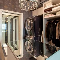 Walk-In Closet With Mirrored Tabletop and Shower Entry