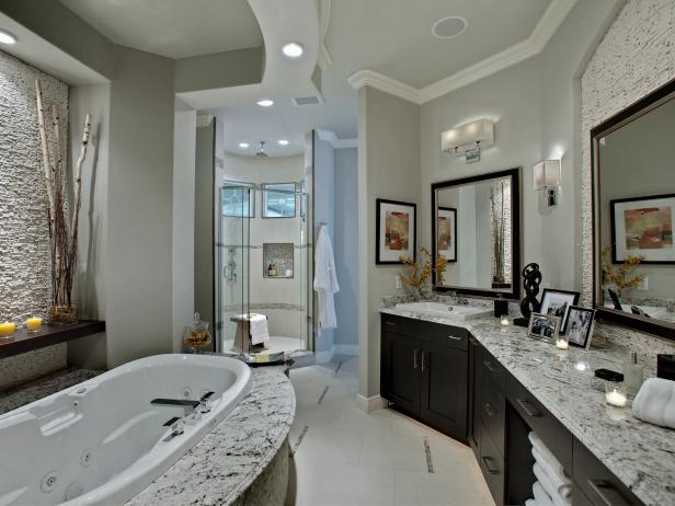 Gray Spa Like Bathroom With Black White Granite Countertops Hgtv