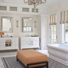 Transitional Master Bathroom With Chandelier and Seating Area