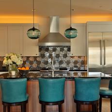 Teal Pendants & Barstools in Contemporary Kitchen