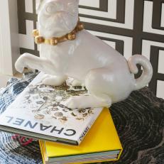 White Ceramic Bulldog on Eclectic Wood Side Table