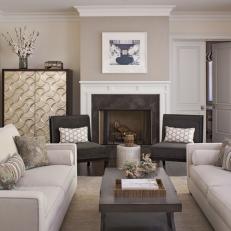Gray Contemporary Living Room With White Mantel 